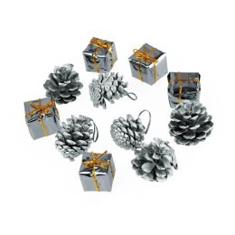 Ozdoba świąteczna prezenciki i szyszki 12szt. srebrne Arpex (BN6028SRE-7581)