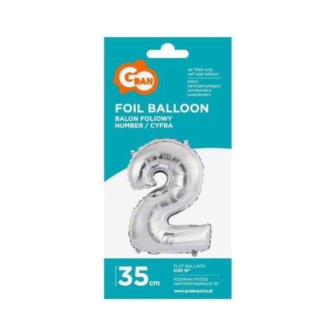 Balon foliowy Godan cyfra 2 srebrny 35 cm 16cal (FG-C35S2)