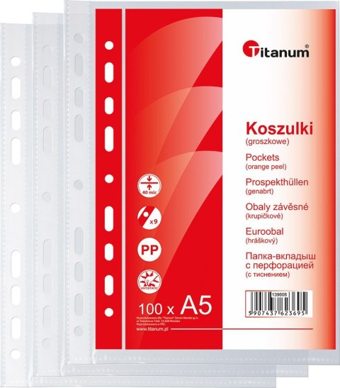 Koszulki na dokumenty Titanum A5 groszkowe 100 szt. typ U 40um Koszulki na dokumenty Titanum A5 groszkowe 100 szt. typ U 40um