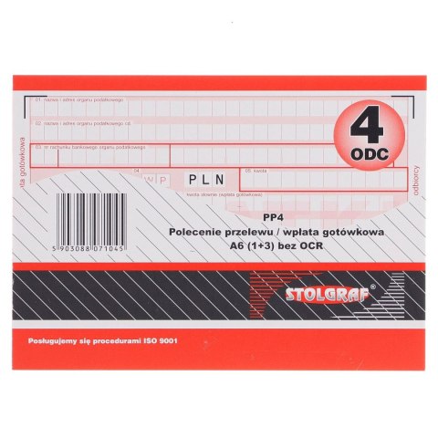Druk samokopiujący Stolgraf polecenie przelewu/wpłata gotówki A6 1+3 A6 100k. (PP4) Druk samokopiujący Stolgraf polecenie przelewu/wpłata gotówki A6 1+3 A6 100k. (PP4)