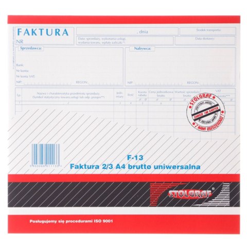 Druk samokopiujący faktura VAT 2/3 A4 brutto uniwersalna 2/3 A4 100k. Stolgraf (F13) Druk samokopiujący faktura VAT 2/3 A4 brutto uniwersalna 2/3 A4 100k. Stolgraf (F13)
